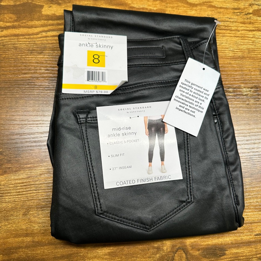 Social Standard Women's Mid Rise Ankle Skinny Black Coated Finish Fabric size 8